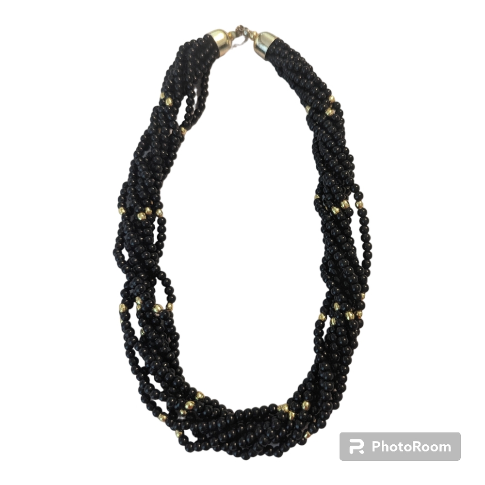 Vintage Black & Gold Tone 8 Strand Beaded Twisted Chocker Necklace 18"